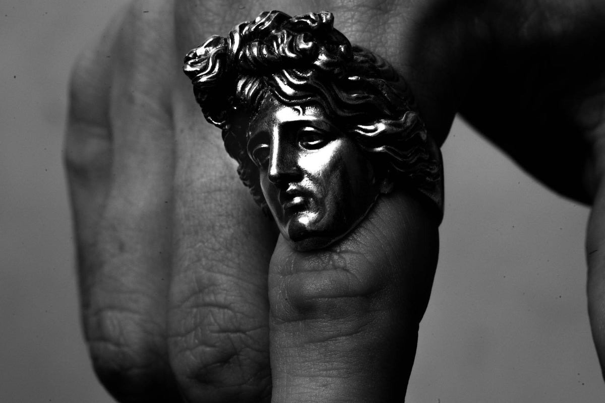 Apollon Ring Sterling Silver in black and white worn on a finger