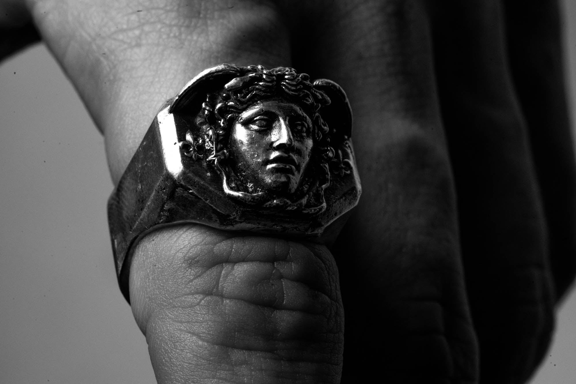 Medusa Ring Sterling Silver Black and White on Finger