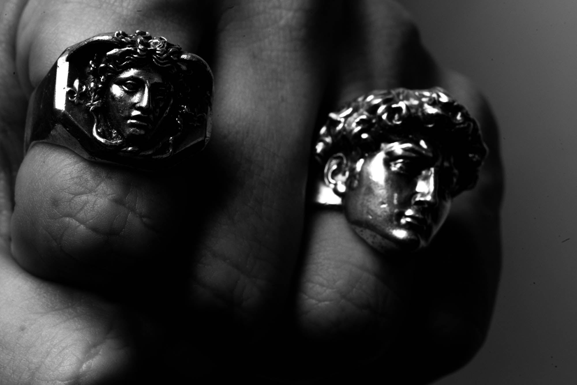 Michelangelo's David Ring Sterling Silver worn On the Finger in black and white