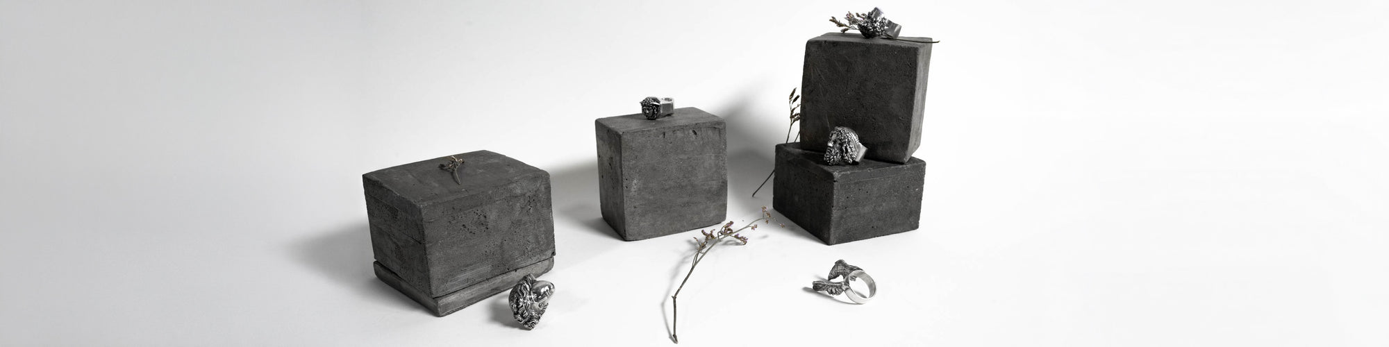 Hero Image for The Important Ones" Collection on top of the concrete packaging. 
Rings Include Nike, David, Zeus, Medusa and Apollon