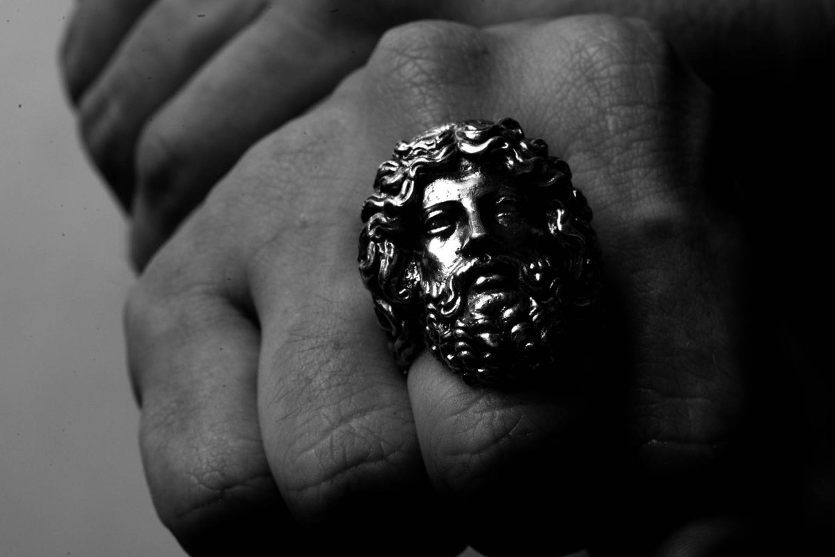 Zeus Ring Sterling Silver in Black and white worn on finger